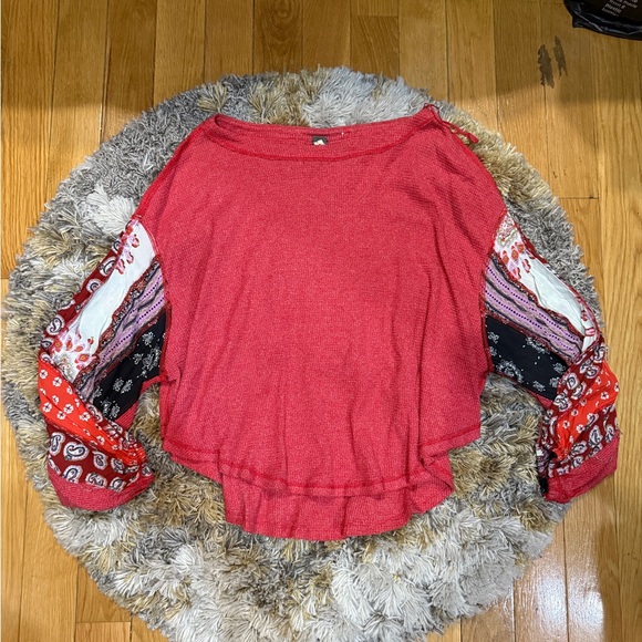 Free People Red Thermal Top with Paisley Sleeves - Picture 3 of 7